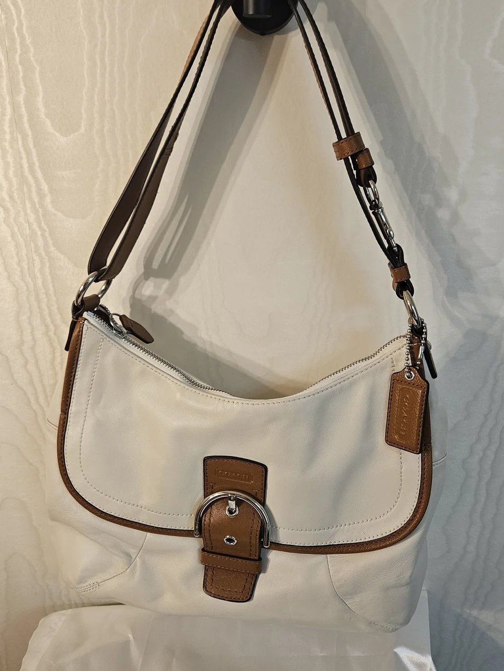 Coach Cream Leather Hobo with Brown Trim and Buckle
